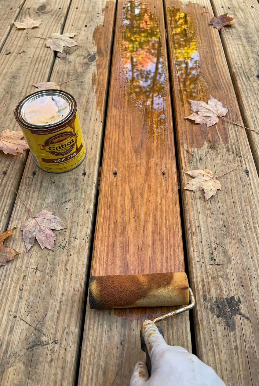 Stain pad spreading cedar stain across deck boards