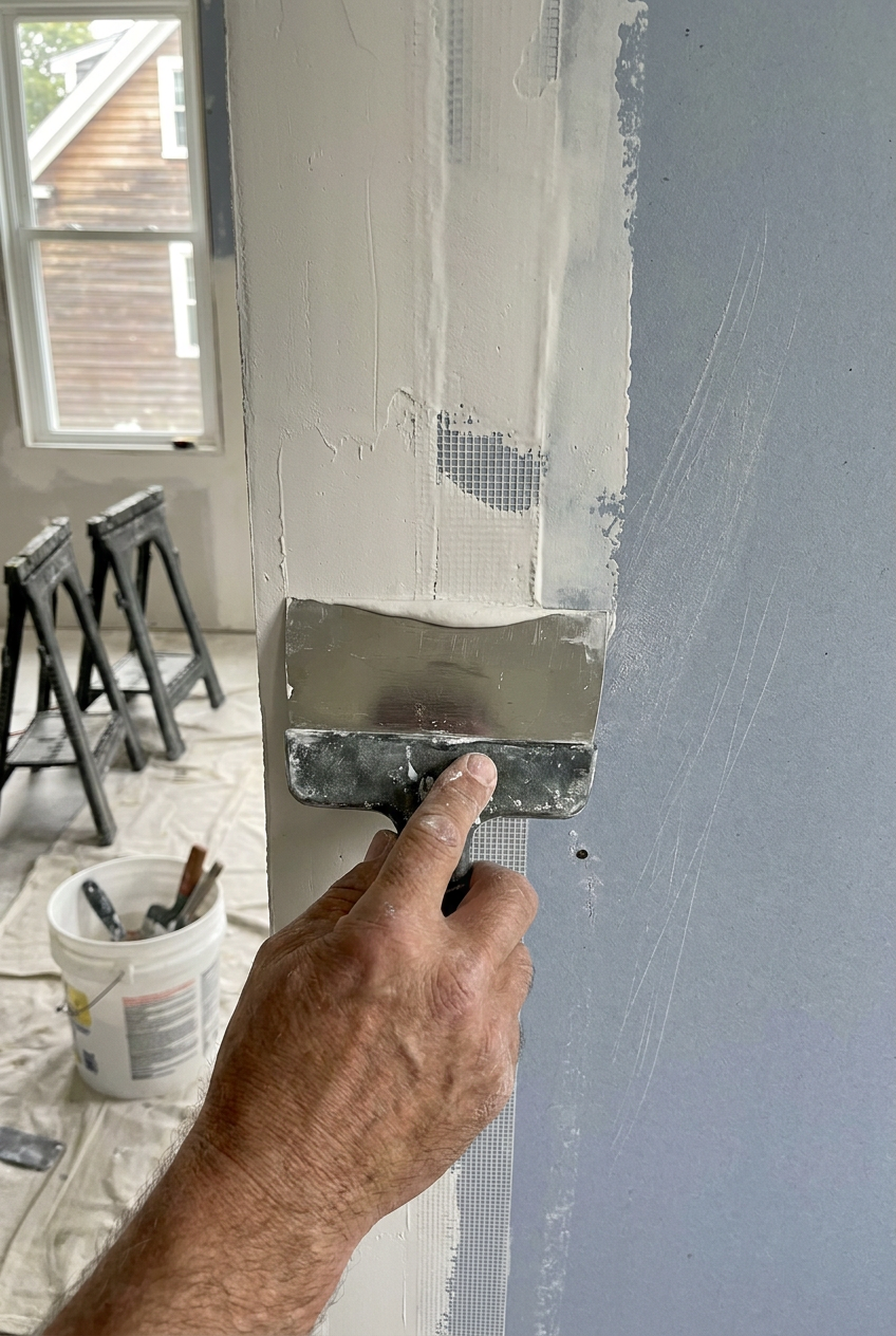 Hand smoothing drywall compound over a seam