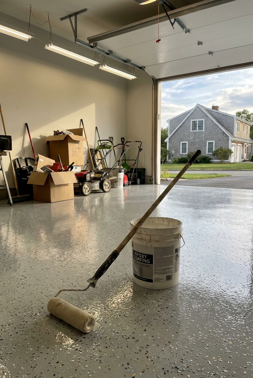 Garage floor with a fresh light gray epoxy coating