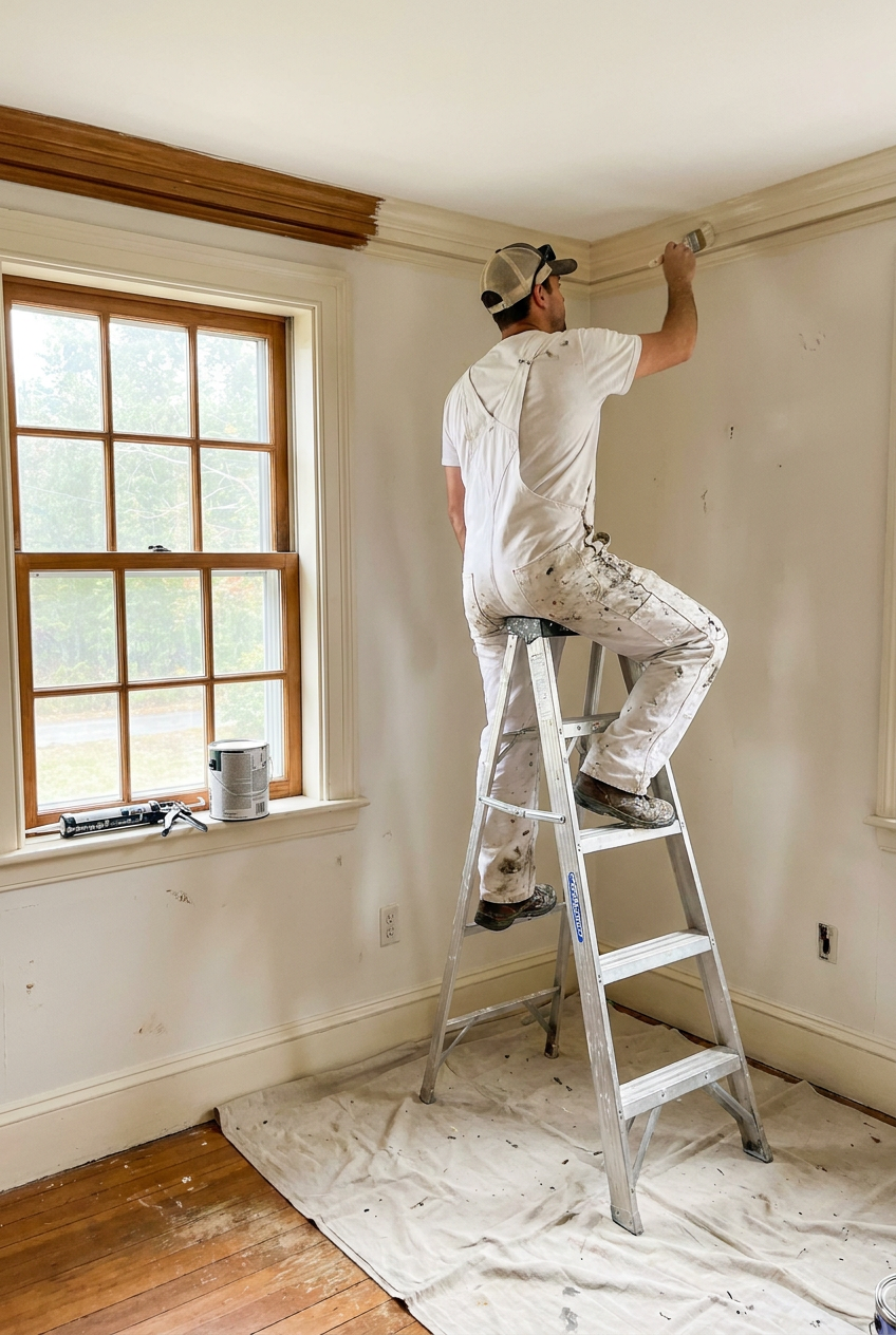 Painter on a ladder painting interior trim