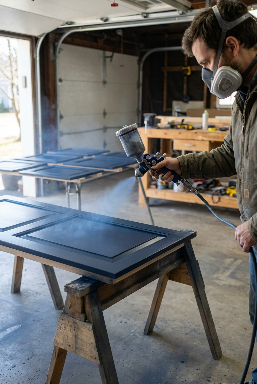 Painter spraying a navy Shaker cabinet door on sawhorses