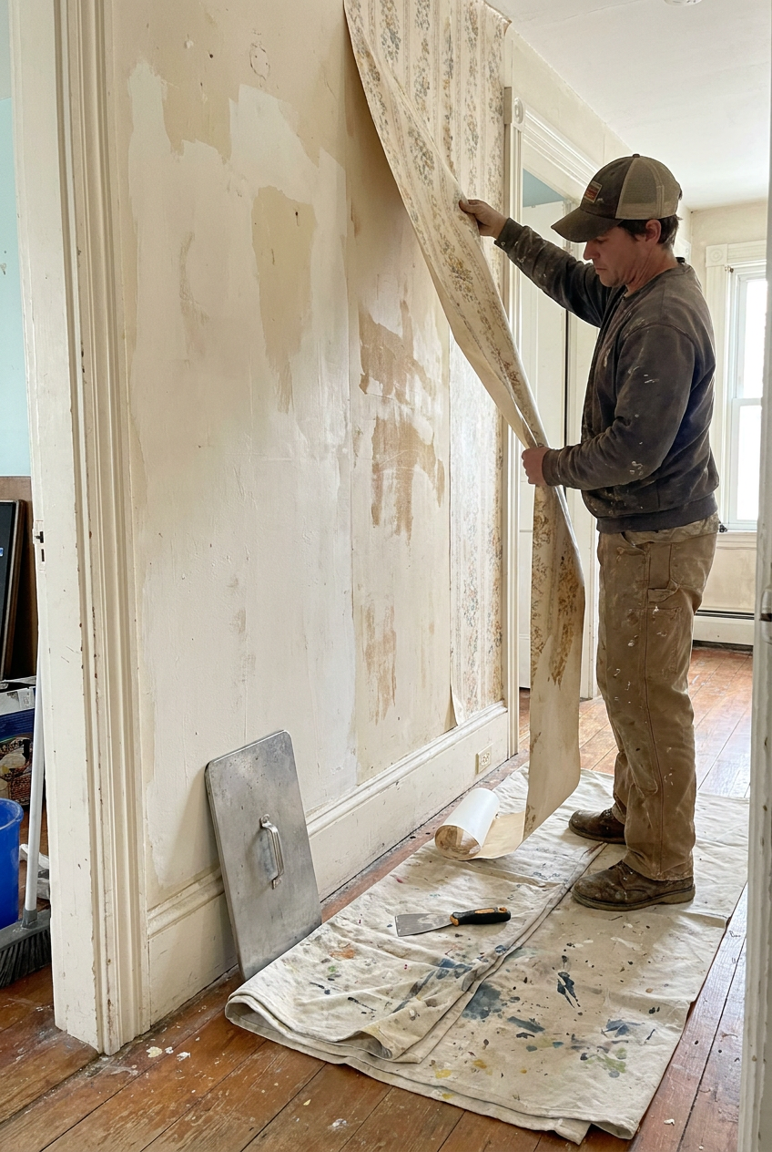 Painter peeling old wallpaper off a hallway wall